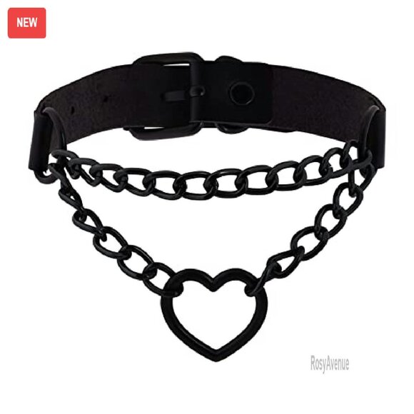 Adjustable Heart Chain Choker Necklace, Gothic Punk Style, Zinc Alloy & PU - Picture 2 of 8